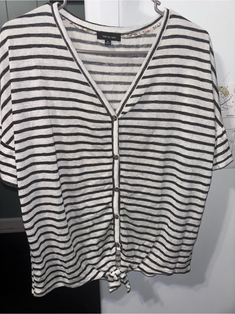 Verve Ami Black and White Striped Button-Front Tie-Hem Top